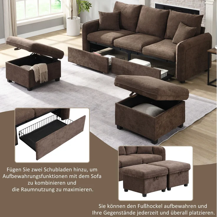 DESVIAE Sofa mit Schlaffunktion und Stauraum, Chenille, Braun, 188 x 186 x 86 cm – Bild 3
