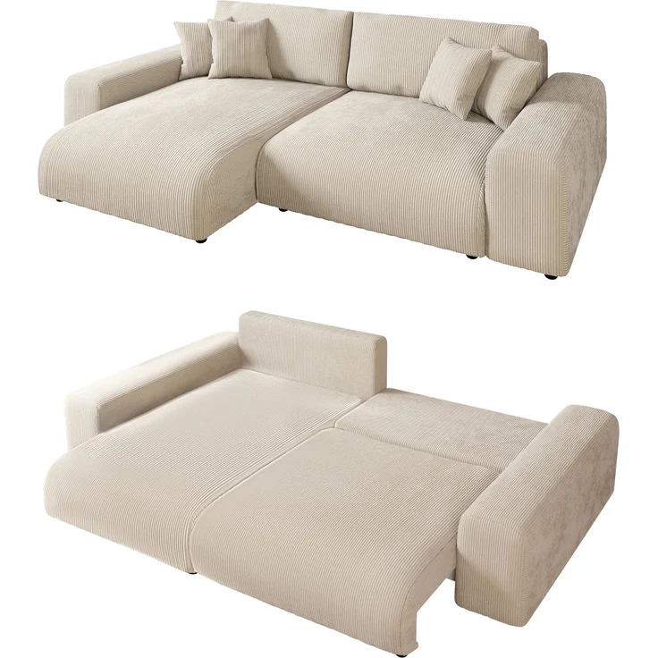 Ecksofa Schlaffunktion ausziehbar Bettkasten Polsterecke L-Couch in Cord Beige – Bild 9