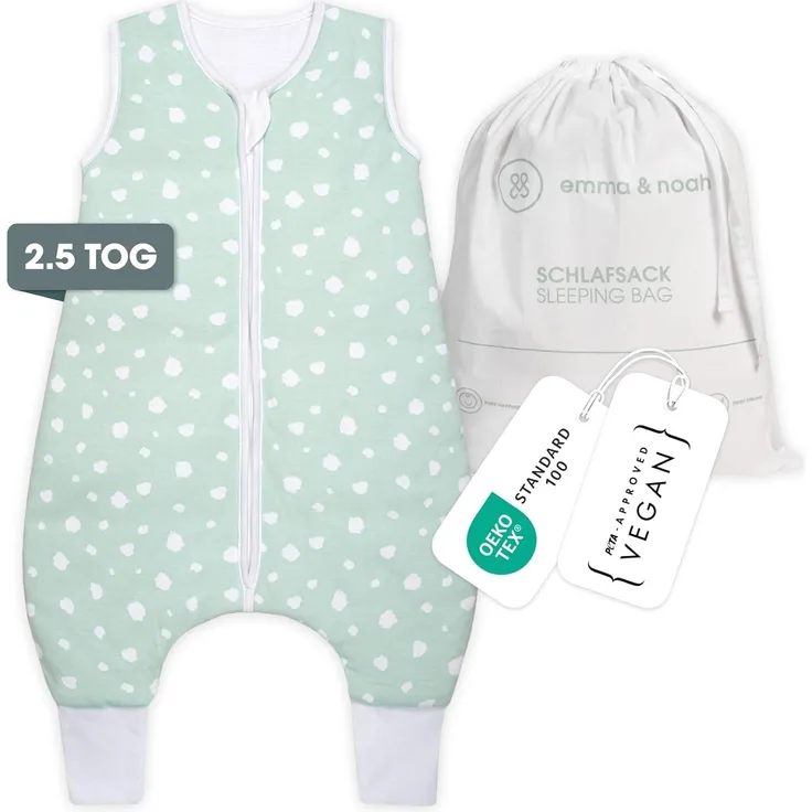 emma & noah Baby Schlafsack mit Füßen 2.5 TOG, Strampelsack für den Herbst und Winter, Bio-Baumwolle, Oeko-TEX Zertifiziert, Kuscheliger Schlafsack für Neugeborere (Punkte Mint, 80 cm)