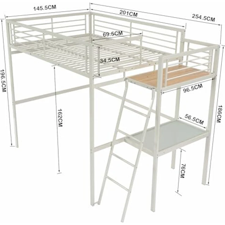 MEUBLE COSY Hochbett 140x190 cm Bettrahmen Etagenbett mit Lattenroste und Schreibtisch aus Glas und Metall, Industriell, für Erwachsene und Kinder, Weiß – Bild 3