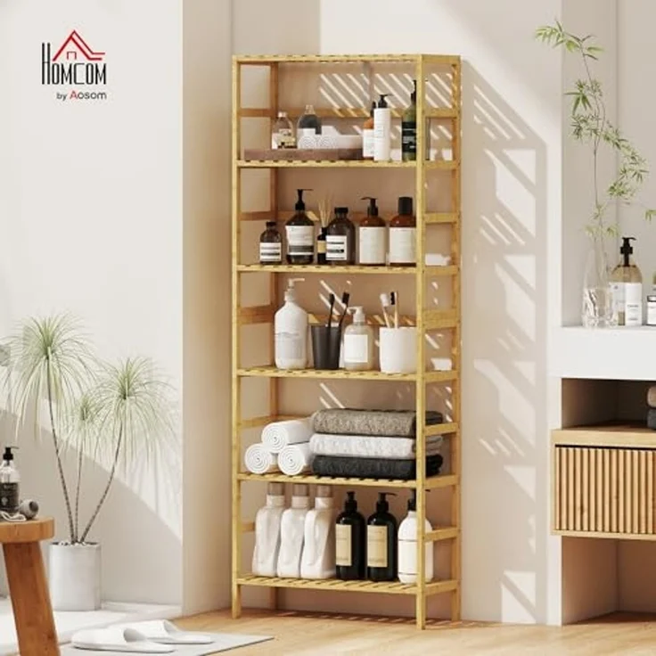 HOMCOM Standregal 6-Etagen-Design, 6-stöckiges Bücherregal 1-tlg, höhenverstellbare Regalböden, Naturholz – Bild 2