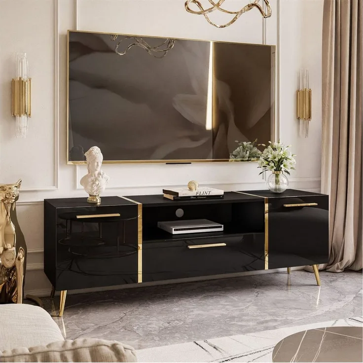 yourhouse24 Lowboard TV ONYX goldenen Beinen TV-Schrank Hochglanz Fernsehschrank