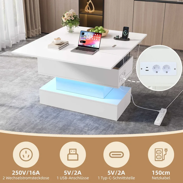 Couchtisch Weiß mit Hebefunktion, 100 x 50 x 51,5 cm, ausziehbar,LED-Licht steuerbar per App, USB- und Typ-C-Steckdose – Bild 9