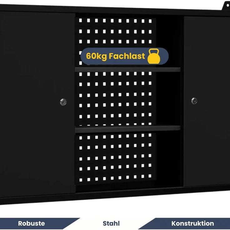 Hängeschrank Werkstatt abschließbar OLIS - Metallschrank hängend | Werkstattschrank Werkzeugschrank Wandschrank Garage, 60x120x20cm Schwarz – Bild 4