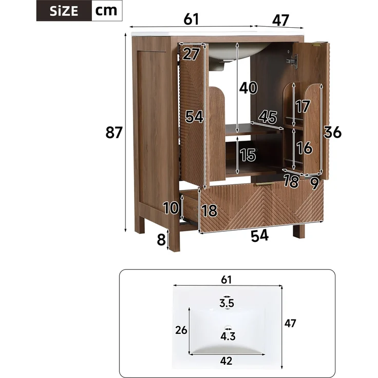 Freistehender Badschrank mit Keramikwaschbecken, B 61 x T 47 x H 87 cm, MDF in Walnussoptik – Bild 4