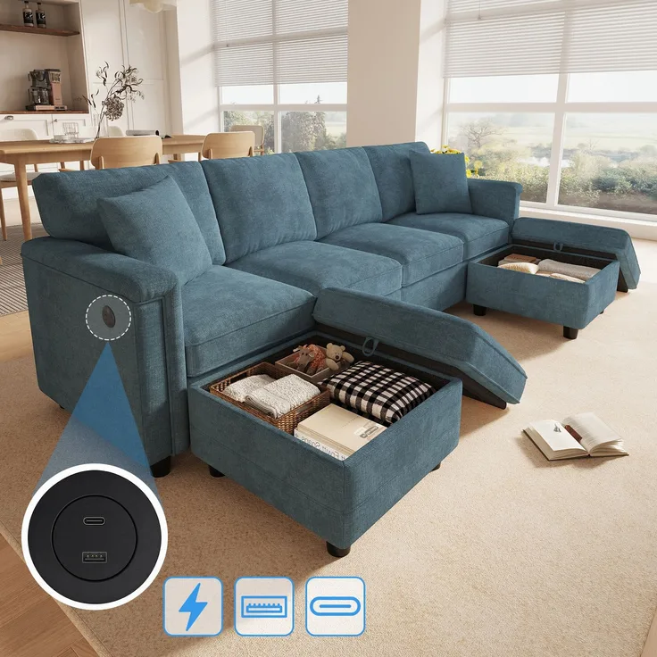 Flieks 4-Sitzer Modulsofa mit 2 Stauraumhockern, USB & USB-C, L- oder U-Form Polstersofa, 261 x 134 x 82 cm, Chenille, Blaugrau