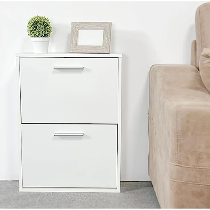 Dreaming Online - Schuhregal mit 2 Türen, Schmales Schuhregal, Modell Alais, Weiß lackiert, Maße: 77,5 cm hoch x 60 cm breit x 25 cm tief, Praktisch und funktionell – Bild 2