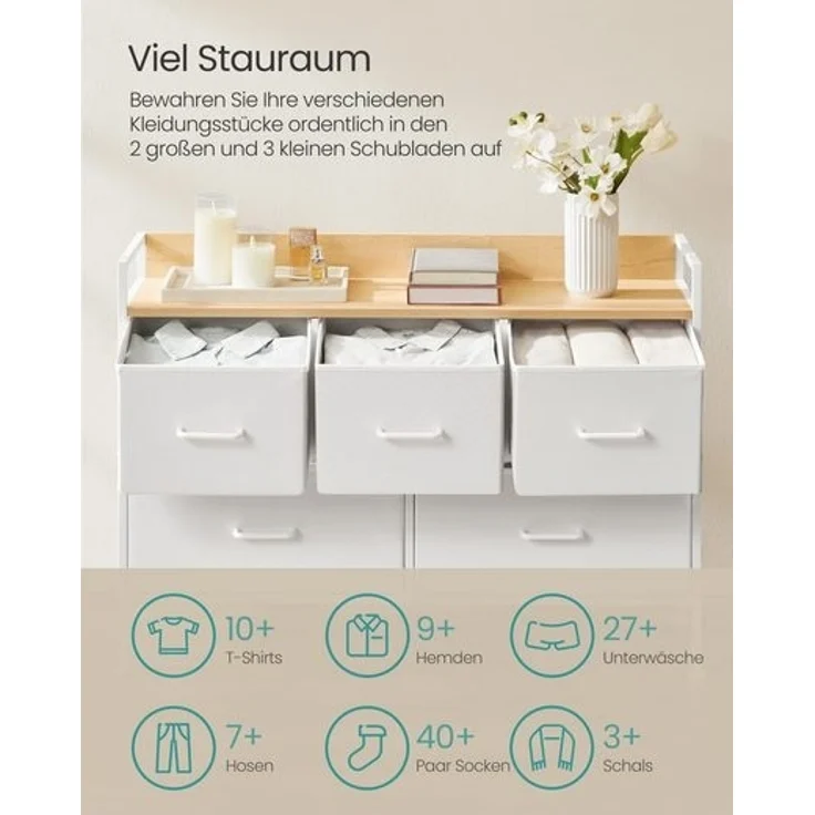 Songmics Kommode, 5 Stoff-Schubladen mit Griffen, MDF / Stahl wolkenweiß-eichenbeige, 70 x 29 x 98,2 cm – Bild 2