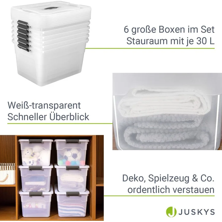 Juskys Aufbewahrungsbox mit Deckel, 6er-Set, stapelbar, Kunststoff transparent, 30 Liter – Bild 3