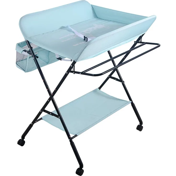 Faltbare Baby Wickelunterlage mit stabiler Struktur, Wickeltisch für Kinder, platzsparender Wickeltisch für Windelwechsel, 4 Rollen mit Bremse, mit Staufächern (80 x 66 x 98 cm)
