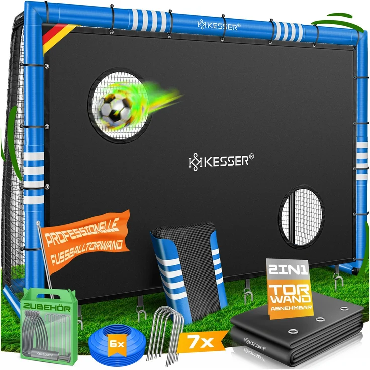 KESSER® Fußballtor für Garten robustes Outdoor Training Schusstraining UV-beständigem Netz, Stahlrahmen mit Polsterung, Erdhaken, Luftpumpe, Hüttchen, Montagezubehör für Kinder und Erwachsene Blau, 300cm, mit Torwand