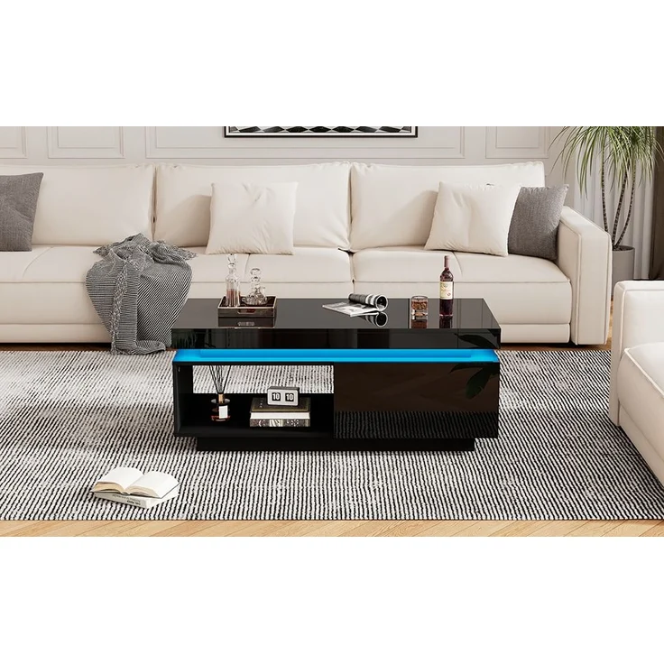 Couchtisch 100x50x40,3 cm mit LED-Beleuchtung und Schublade in Hochglanz-Schwarz – Bild 10