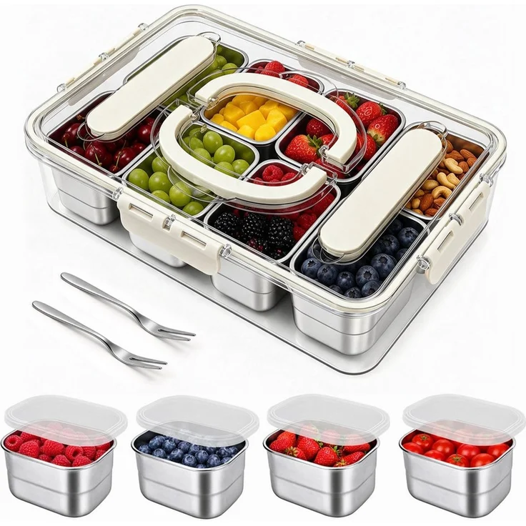 OSTWOLKE Frischhaltedose Snackbox mit 8 Fächern aus Edelstahl, Snackschale mit Deckel und Griff, Edelstahl 304 + PP, Snackbox für Obst, Gemüse, Kekse, Nüsse, Snackdose für Picknick Party – Bild 1