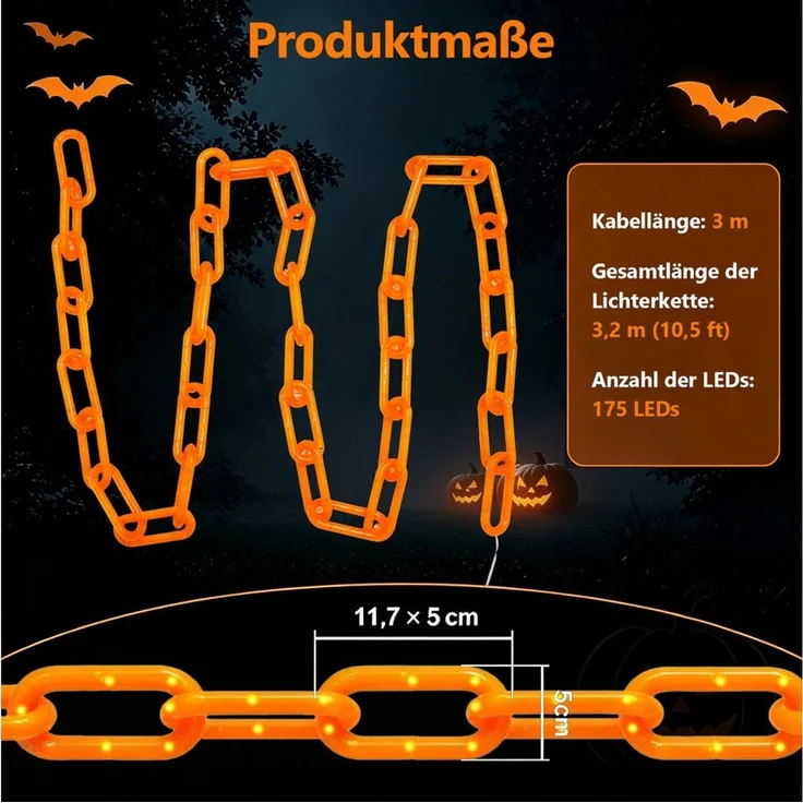 OZAVO LED-Lichterkette Halloween Lichterkette 3,2 m mit 175 LEDs, 8 Lichtmodi &Timer-Funktion, USB & Batteriebetrieben,Halloween Deko für Garten, Veranda, Spukhaus – Bild 2
