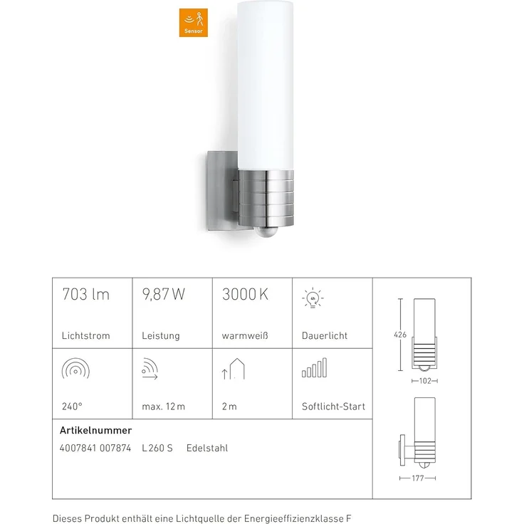 Steinel Außenwandleuchte L 260 S mit 240° Infrarot-Sensor, Edelstahl mit Opalglas, 9,87 W, 703 lm, 3000 K warmweiß – Bild 5