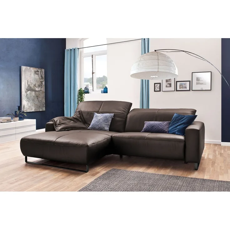 KAWOLA Sofa YORK Leder Life-line elephant Rec links Fuß Metall schwarz mit Sitztiefenverstellung 85 x 180 x 284 cm