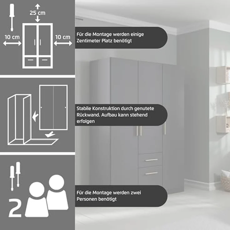 Rauch Möbel Glasgow, Kleiderschrank, Farbe Weiß/Grau metallic, Breite 181cm | Schrank, 4-türig, Spiegel, 4 Schubladen, für Schlafzimmer, Kinderzimmer, Babyzimmer, Garderobe, Flur – Bild 5