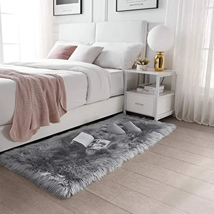HLZDH Faux Lammfell Schaffell Teppich Kunstfell Dekofell in Super weich Lammfellimitat Teppich Longhair Fell Optik Nachahmung Wolle Bettvorleger Sofa Matte. (Grau, 180 X 80 cm) – Bild 2