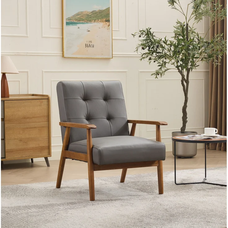 DESVIAE Sessel mit Pull-Point-Nähten aus Leder und Holz Grau, 64 x 80 x 83 cm – Bild 2