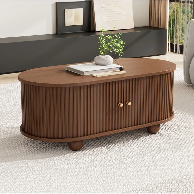 Ovaler Couchtisch aus MDF mit Stauraum und Schiebetür, 100x50x40 cm, Walnuss – Bild 1