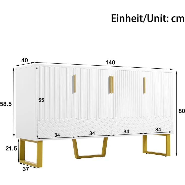 Flieks Hochglanz-Sideboard, 4 Türen, 3D-Geometriefronten und Metallfüßen, 140 x 40 x 80 cm, Weiß – Bild 4