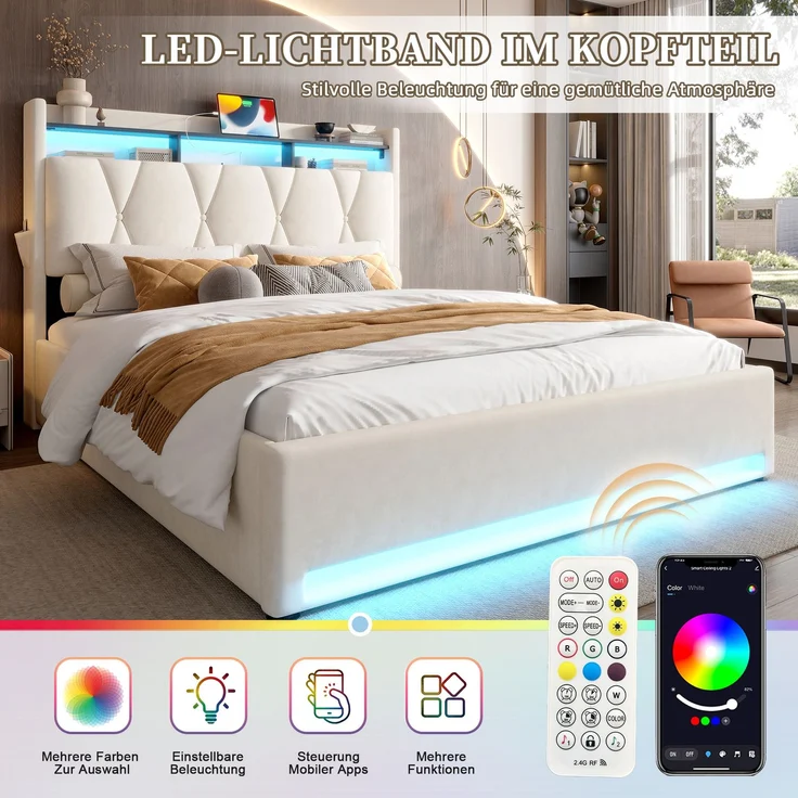 Polsterbett, Samt mit LED & Stauraum-Kopfteil, 140x200 cm, Beige, ohne Matratze – Bild 5