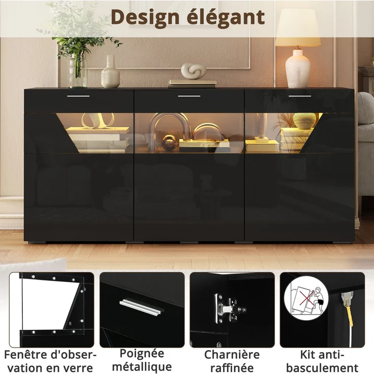 ZUBALIYA Sideboard 160x38x78 cm, mit LED-Beleuchtung, Hochglanz, mit 3 Türen, aus Spanplatte, Schwarz – Bild 13