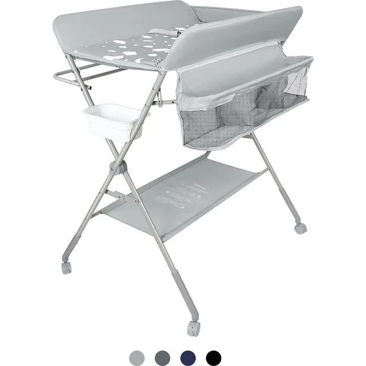 mobiler Wickeltisch mit Wickelaufsatz, Wickelkommode klappbar höhenverstellbar, Wickelkombi mit Sicherheitsgurt Aufbewahrungskorb Kleiderstange-80 * 58 * 90 cm-hellgrau