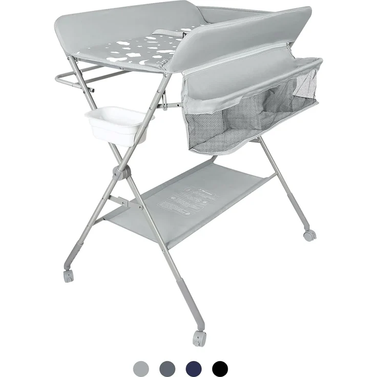 mobiler Wickeltisch mit Wickelaufsatz, Wickelkommode klappbar höhenverstellbar, Wickelkombi mit Sicherheitsgurt Aufbewahrungskorb Kleiderstange-80 * 58 * 90 cm-hellgrau