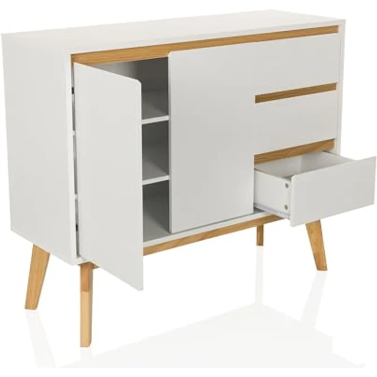 hjh LIVING Kommode mit 3 Schubladen, 2 Türen TAROLO I Sideboard im skandinavischen Stil, Soft-Close, griffloses Design, Schrank mit Holzbeinen, Weiß – Bild 5