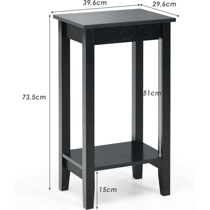 COSTWAY Beistelltisch mit Regal, 2-stöckiger hoher Sofatisch mit 4 Massivholzbeinen, Rechteckiger Ablagetisch Flurtisch Holz, Pflanzentisch Holztisch für Wohnzimmer Schlafzimmer (Schwarz) – Bild 6