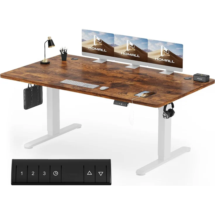 Homall Höhenverstellbarer Schreibtisch 180x80 cm mit USB-A Ladeanschluss, Elektrischer Schreibtisch mit Kabel Management Tray, Standing Desk mit 3 Memory Funktion, Computertisch Braun+Weiß