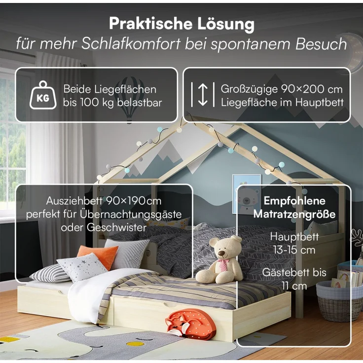 Bellabino 'Bela' Hausbett 90x200 cm mit Gästebett 90x190 cm und 2 Matratzen, natur, Kiefer Massivholz, Montessori Kinderbett mit Ausziehbett, inkl. Rausfallschutz und Lattenrost – Bild 4