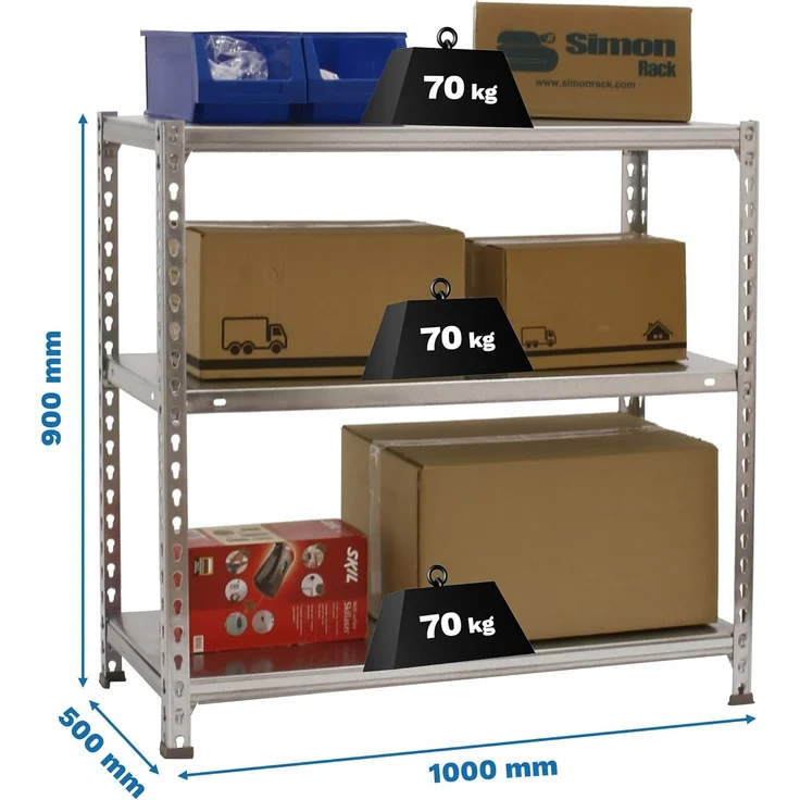 Simon Rack Ecoclick Regal mit 3 Ebenen, 70 kg Tragkraft und Biegepunkt, 900 x 1000 x 500 mm, Schwerlastregal, Garagenregal, verzinkt – Bild 3