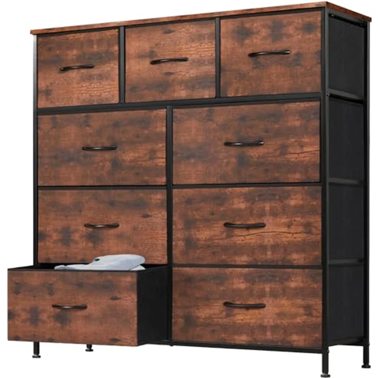 Sweetcrispy Kommode für Schlafzimmer mit 9 Stoffschubladen, hoher Truhenaufbewahrungsturm, Organizer-Einheiten für Kleiderschrank, Kinderzimmermöbel, Stahlrahmen, Holzplatte, leicht, schnell – Bild 2