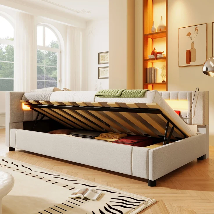 Rayofly-Leinen Daybett H200cm x T90cm x B90cm, Tagesbett Schlafsofa, LED-Lichtleiste am Fußende, hydraulischer Stauraum, USB & Type-C Anschluss, ohne Matratze, Beige – Bild 4
