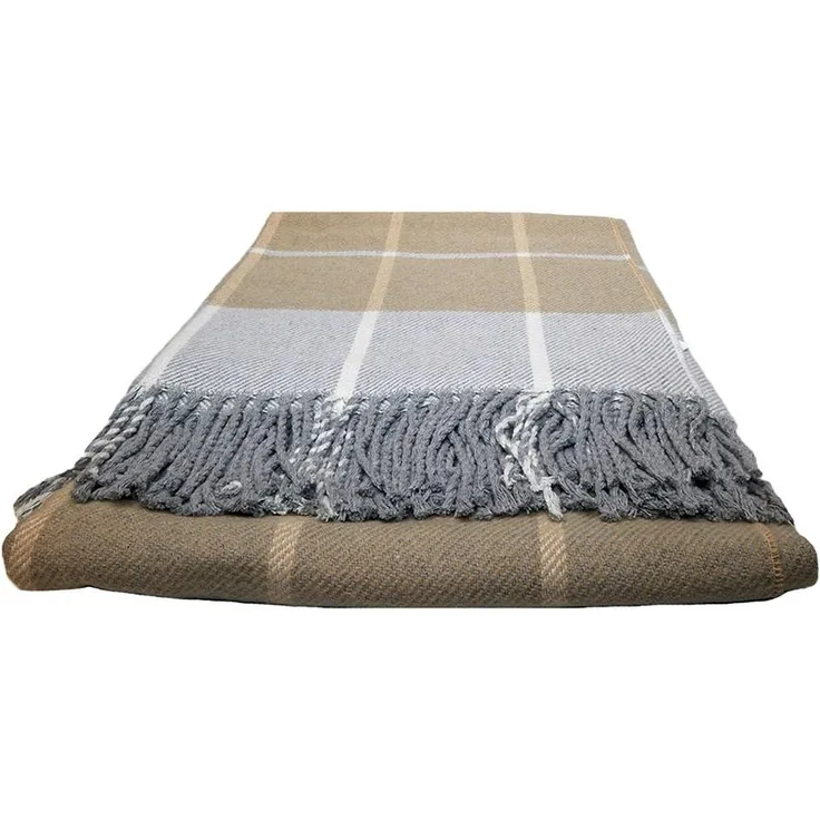 Wohndecke Fair de luxe Cotton All Seasons | Wolldecke aus 50% Baumwolle, 30% Polyester und 20% Acryl | Couchdecke / Sofadecke | Wohlfühlende und Anschmiegsame Kuscheldecke | Wolldecke mit Fransenborde (Braun/Grau Kariert)