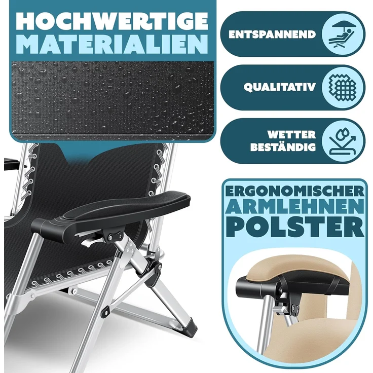 KESSER® Sonnenliege Liegestuhl, klappbare XXL Gartenliege Wetterfest, Belastbar 200kg, Ergonomisches Polster verstellbare Rückenlehne inkl. Nackenkissen Getränkehalter & Armpolster, mit Dach Beige – Bild 7