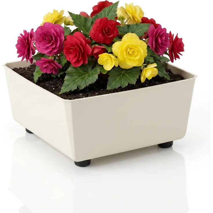 LAMELA Quadratischer Pflanzkasten mit eleganten Füßen – Cremefarbener Blumenkübel aus robustem Kunststoff 28,5x28,5 cm, 7,5L – Wetterfest & Pflegeleicht - für Innen & Außen