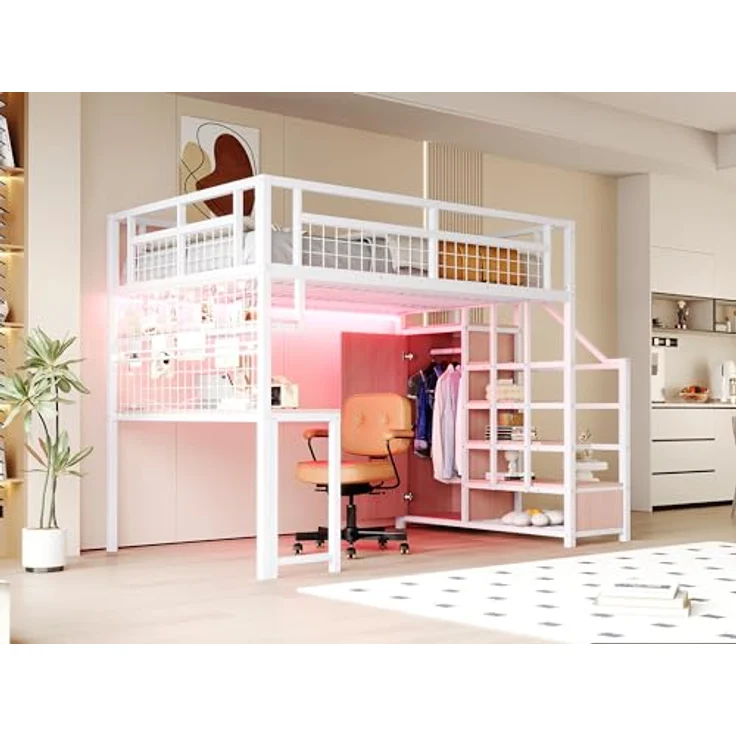 Ball & Cast Loft Bed (140x200 cm) mit Aufbewahrungsleiter und Einfachem Kleiderschrank, Metal Hochbett mit Tisch + Netzregal, Stabil & Rauschlos, Weiß – Bild 7