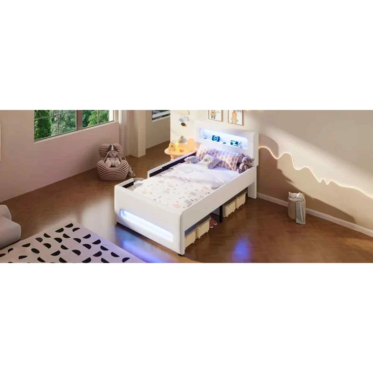 Polsterbett mit Treppe, LED & Schublade, 90x200 cm, Weiß, ohne Matratze – Bild 6
