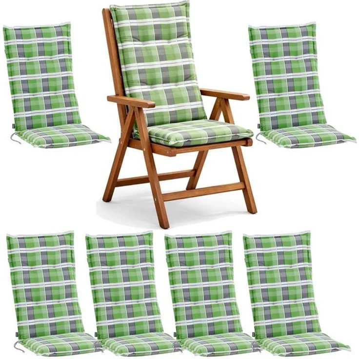 BURI 6x Auflagen Set Hochlehner für Gartenstühle 120x48x7cm Sesselauflagen Polster UV Lichtecht - Gartenstuhlauflagen Karo Muster Stuhlkissen mit Dicker Schaumstoff Füllung (Grün/Grau) – Bild 4