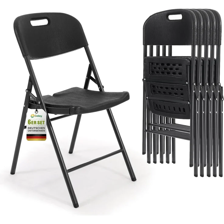 Sekey Klappstuhl 6er Set, Klappstühle aus Kunststoff und Metall, Campingstuhl Gartenstuhl Klappbar bis 150KG, Schwarz Holzoptik – Bild 1