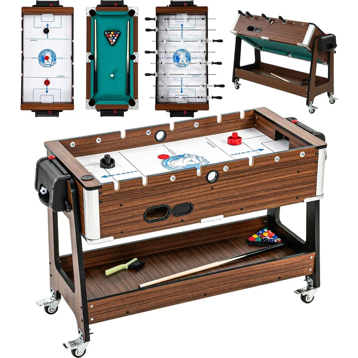 MELAYR, 3-in-1 Multi Spieltisch drehbar Multifunktionstisch mit Billardtisch Tischfußball, 102.5 x 61.5 x 65 cm, Walnuss