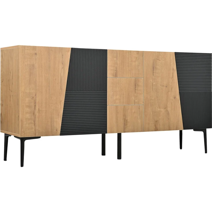 DESVIAE Sideboard Natural-Schwarz aus Spanplatte – 160x80x40 cm – 4 Türen, 3 Schubladen – Bild 8