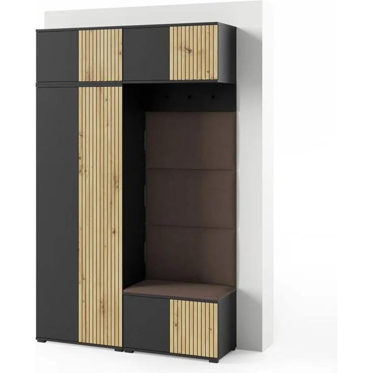Garderoben-Set Rosario Version 3 mit Lamellen, Kleiderschrank mit Polsterplatten und Schuhschrank (Schwarz / Eiche Artisan, Trinity 08), 225 x 40 x 140 cm