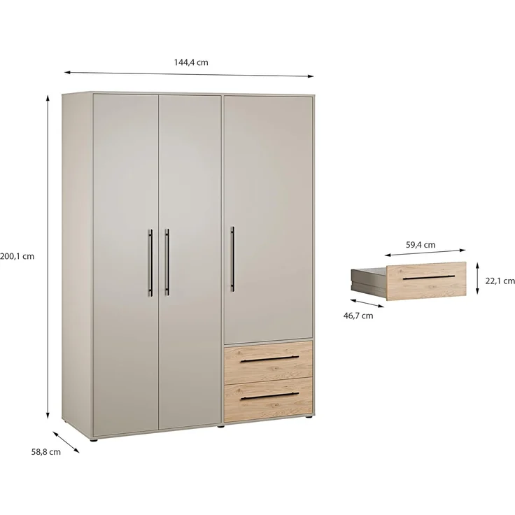 MOKKARIS Drehtürenschrank Taupe Wildeiche 3 Türen 2 Schubkästen Kleiderschrank für Schlafzimmer – Moderner Stauraum in zeitlosem Design. – Bild 3