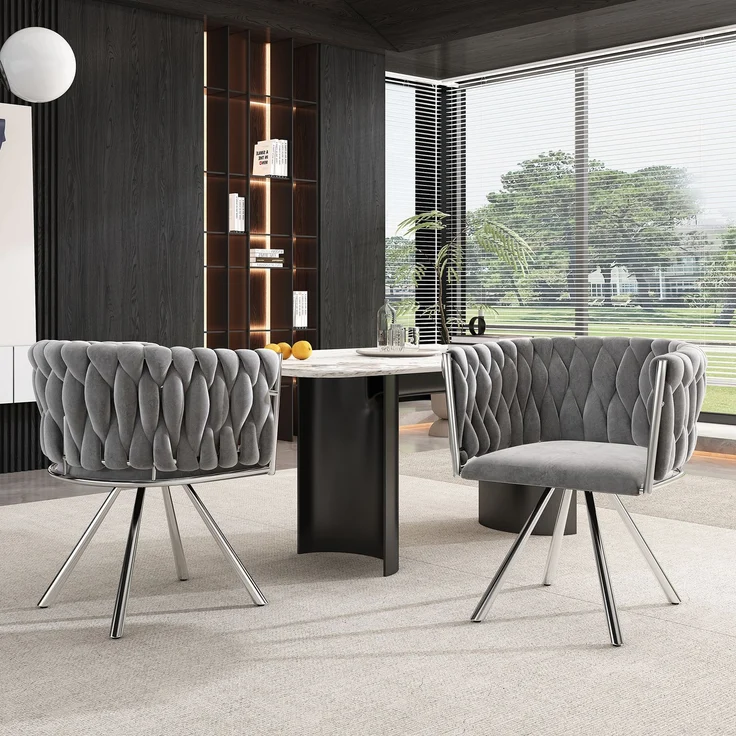 Merax Samt-Esszimmerstuhl, 2er set, Schlafzimmer-Drehstuhl, 360° drehbar Freizeit-Drehstuhl mit vier Stützbeinen aus Metall, Grau+Silber – Bild 2