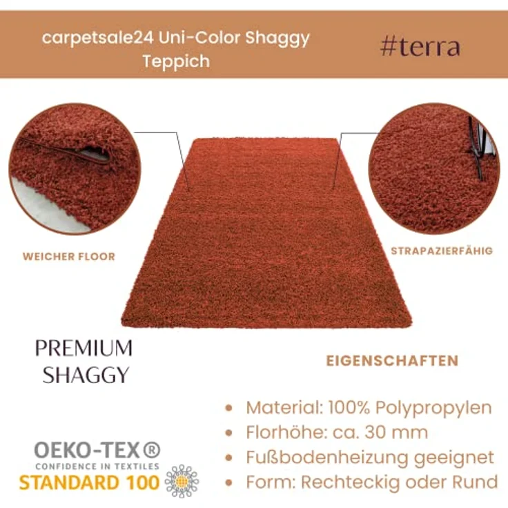 Carpetsale24 Shaggy Hochflor Teppich 60x110 cm Terrakotta weich flauschig modern einfarbig Für Flur oder kleine Räume für Wohnzimmer Schlafzimmer Flur – Bild 3