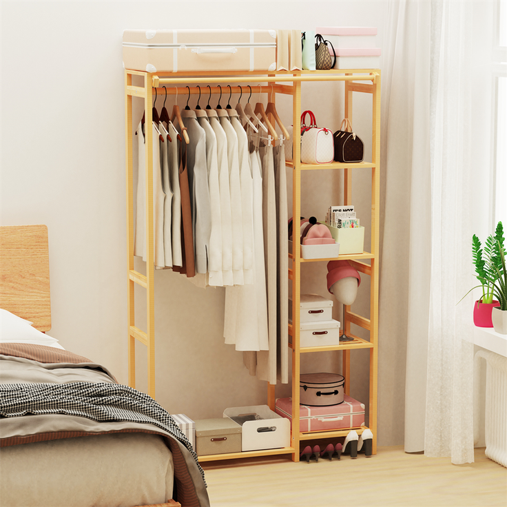 UNHO Kleiderschrank offener Kleiderständer mit Vorhang Ablagen Bambus Beige 91 x 30 x 146 cm – Bild 2
